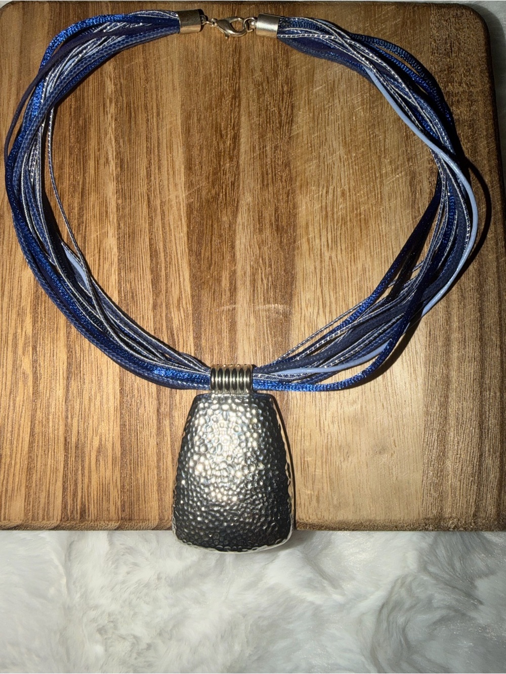 Blue Multi-Strand Necklace with Hammered Silver Pendant - Stylish Statement